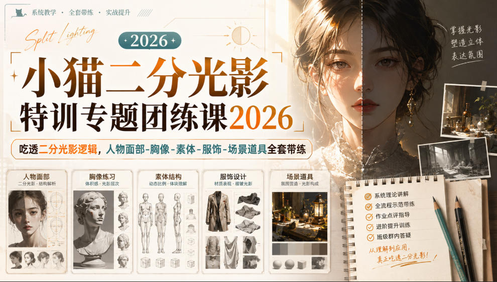 小猫二分光影特训专题团练课2026｜吃透二分光影逻辑，人物面部‑胸像‑素体‑服饰‑场景道具全套带练，高清画质附赠课件与笔刷-网创之家