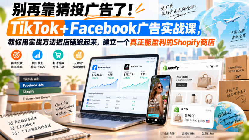 别再靠猜投广告了！TikTok+Facebook广告实战课，教你用实战方法把店铺跑起来，建立一个真正能盈利的Shopify商店【原创双语字幕】-网创之家