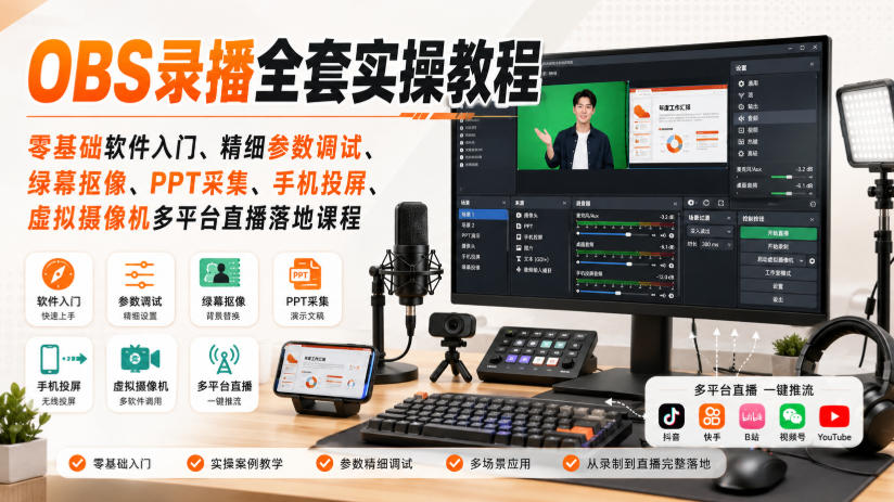 OBS录播全套实操教程｜零基础软件入门、精细参数调试、绿幕抠像、手机投屏、虚拟摄像机多平台直播落地课程-网创之家