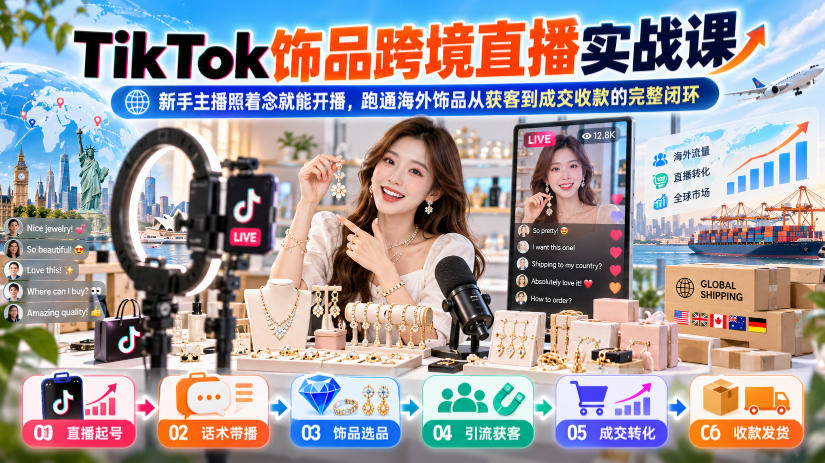 TikTok饰品跨境直播实战课，新手主播照着念就能开播，跑通海外饰品从获客到成交收款的完整闭环-网创之家
