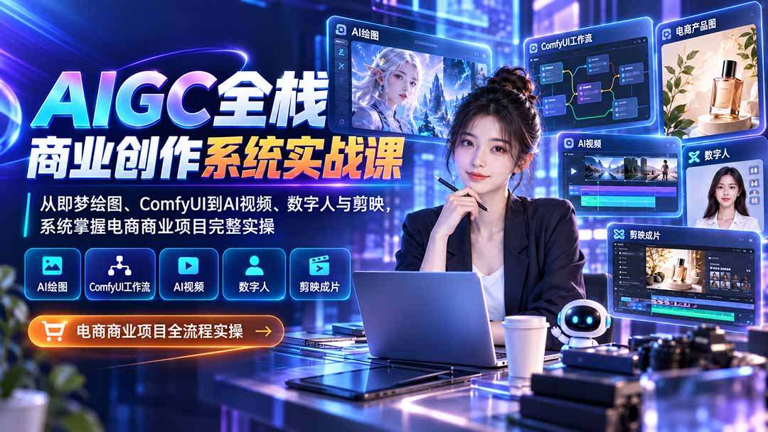AIGC全栈商业创作系统实战课：从即梦绘图、ComfyUI到AI视频、数字人与剪映，系统掌握电商商业项目完整实操-网创之家