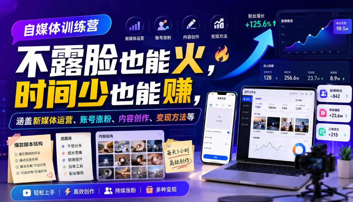 自媒体训练营，不露脸也能火，时间少也能賺，涵盖新媒体运营、账号涨粉、内容创作、变现方法等-网创之家