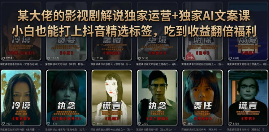 某大佬的影视剧解说独家运营+独家AI文案课，小白0粉丝也能快速打上抖音精选标签、吃到收益翻倍福利-网创之家