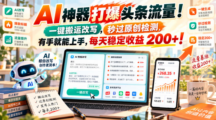 AI神器打爆头条流量，一键搬运改写，秒过原创检测，有手就能上手，每天稳定收益200+！【揭秘】-网创之家