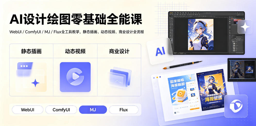 AI设计绘图零基础全能课｜WebUI/ComfyUI/MJ/Flux全工具教学，静态插画、动态视频、商业设计全流程-网创之家
