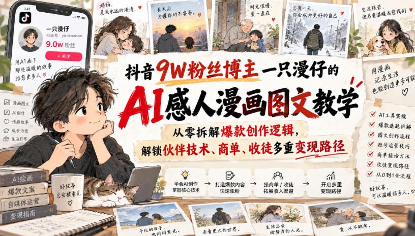 抖音9W粉丝博主一只漫仔的AI感人漫画图文教学，从零拆解爆款创作逻辑，解锁伙伴技术、商单、收徒多重变现路径-网创之家
