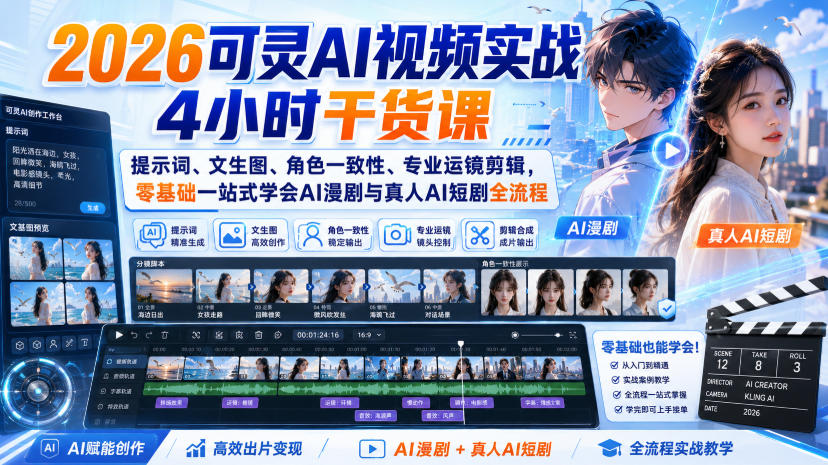 2026可灵AI视频实战4小时干货课｜提示词、文生图、角色一致性、专业运镜剪辑，零基础一站式学会AI漫剧与真人AI短剧全流程-网创之家
