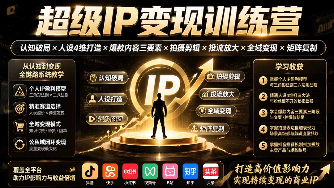 超级IP变现训练营：认知破局×人设4维打造×爆款内容三要素×拍摄剪辑×投流放大×全域变现×矩阵复制-网创之家