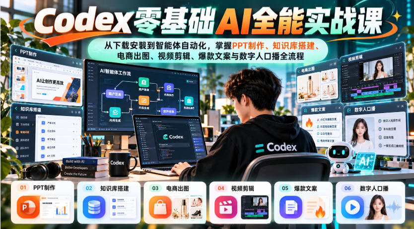 Codex零基础AI全能实战课：从下载安装到智能体自动化，掌握知识库搭建、电商出图、视频剪辑、爆款文案与数字人口播全流程-网创之家