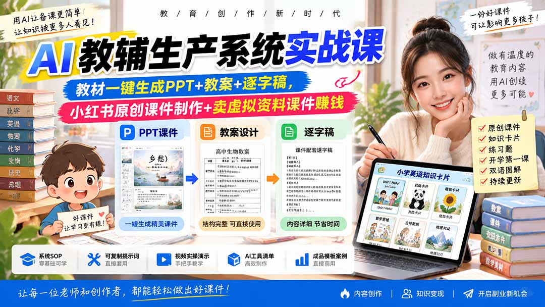 AI教辅生产系统实战课｜教材一键生成PPT+教案+逐字稿，小红书原创课件制作+卖虚拟资料课件赚钱-网创之家
