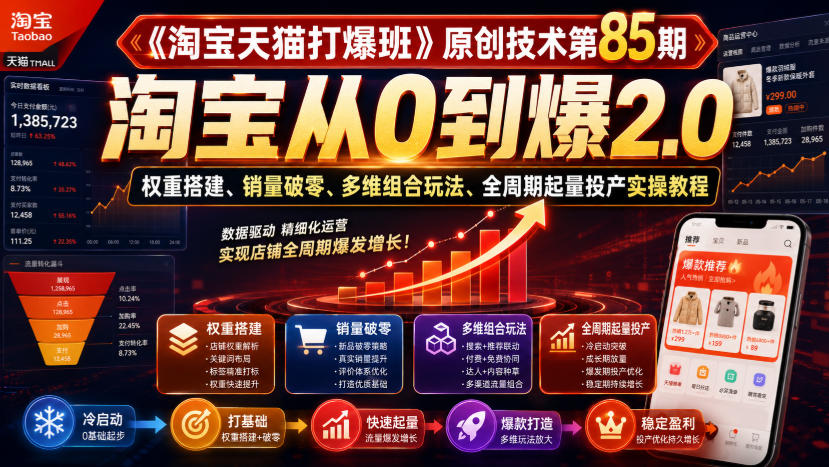 《淘宝天猫打爆班》原创技术第85期，淘宝从0到爆2.0，权重搭建、销量破零、多维组合玩法、全周期起量投产实操教程-网创之家
