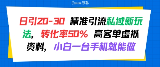 日引 20-30 精准引流私域新玩法,转化率50% 高客单虚拟资料,小白一台手机就能做-网创之家