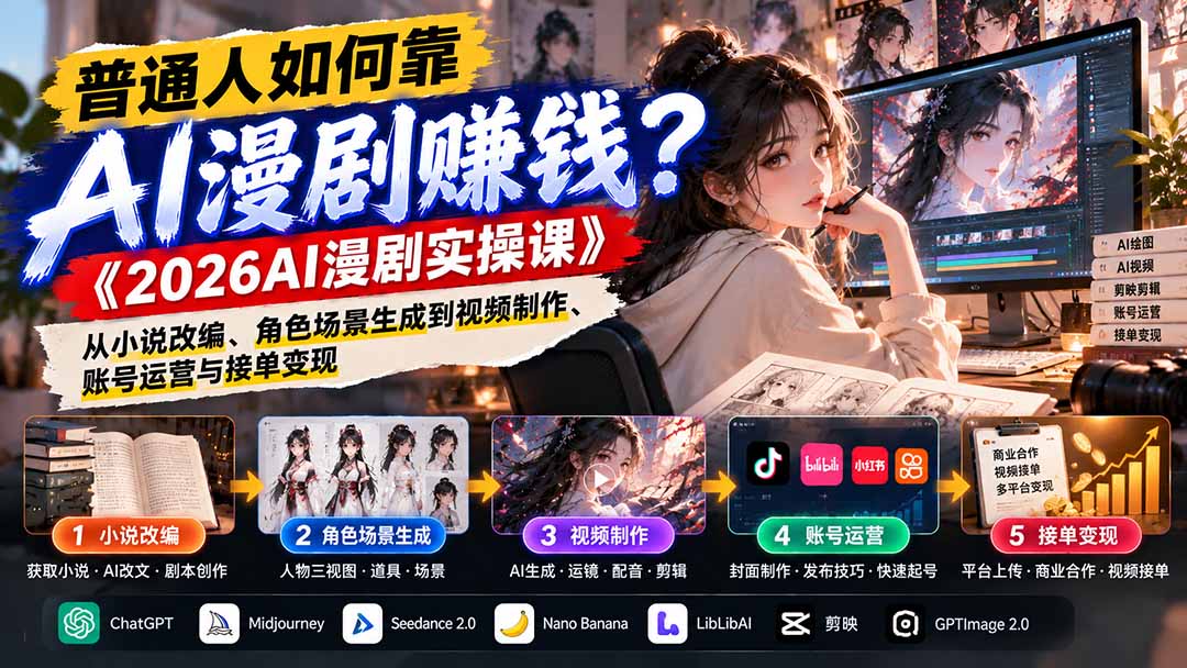 普通人如何靠AI漫剧赚钱？《2026AI漫剧实操课》从小说改编、角色场景生成到视频制作、账号运营与接单变现-网创之家