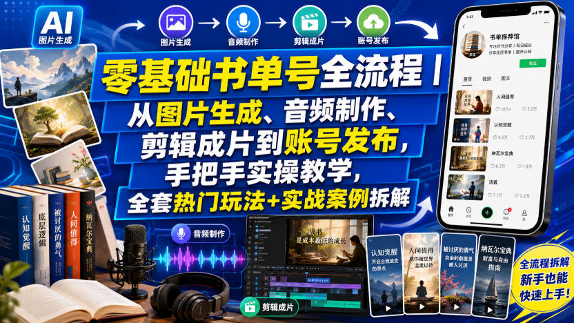 零基础书单号全流程|从图片生成、音频制作、剪辑成片到账号发布,手把手实操教学,全套热门玩法+实战案例拆解-网创之家