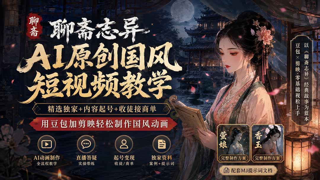 聊斋志异AI原创国风短视频教学；精选独家+内容起号+收徒接商单，用豆包加剪映轻松制作国风动画-网创之家