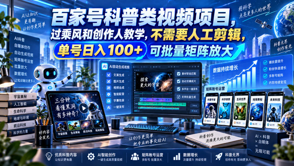 百家号科普类视频项目，过乘风和创作人教学，不需要人工剪辑，单号日入100+可批量矩阵放大-网创之家