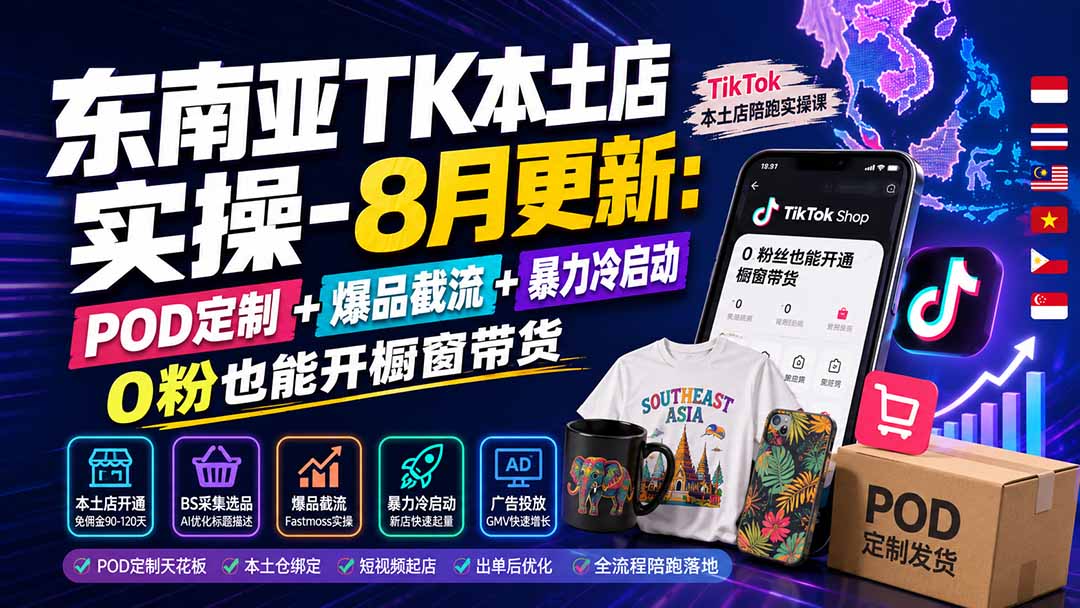 东南亚TK本土店实操-8月更新：POD定制+爆品截流+暴力冷启动，0粉也能开橱窗带货-网创之家