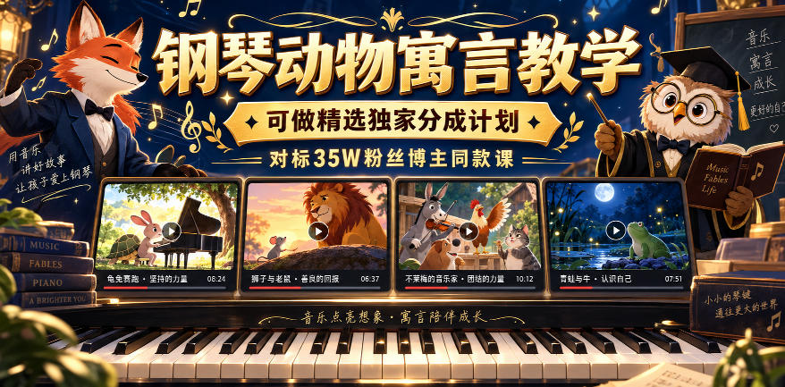 钢琴动物寓言教学，可做精选独家分成计划，对标35W粉丝博主同款课-网创之家