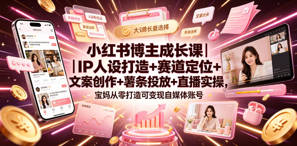 小红书博主成长课｜IP人设打造+赛道定位+文案创作+薯条投放+直播实操，宝妈从零打造可变现自媒体账号-网创之家