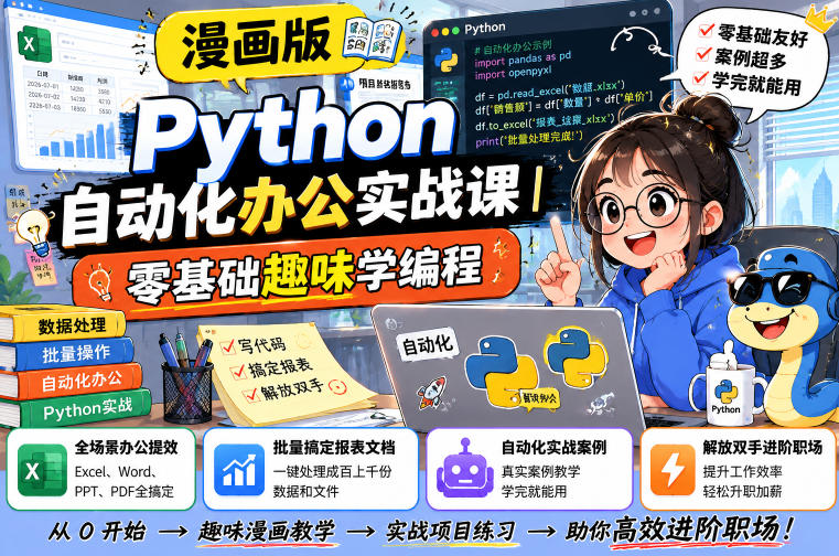漫画版Python自动化办公实战课｜零基础趣味学编程，全场景办公提效、批量搞定报表文档、解放双手进阶职场-网创之家