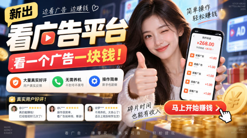 新出看广告平台，看一个广告一块钱，大量真实好评！无需养机、不会黑号，操作简单【揭秘】-网创之家