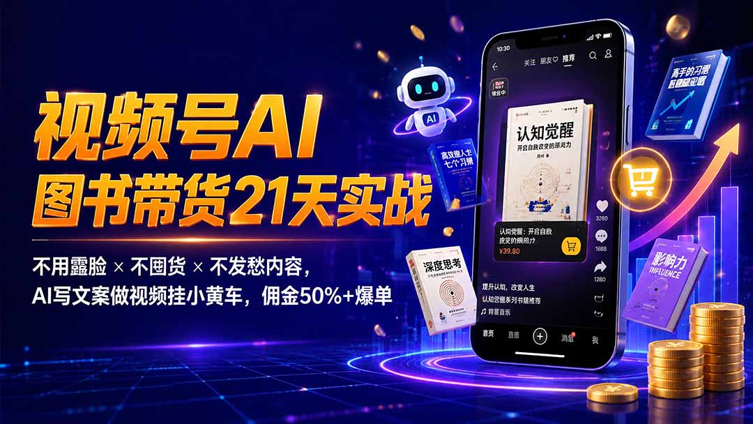 繁花视频号AI图书带货21天实战：不用露脸×不囤货×不发愁内容，AI写文案做视频挂小黄车，佣金50%+爆单-网创之家
