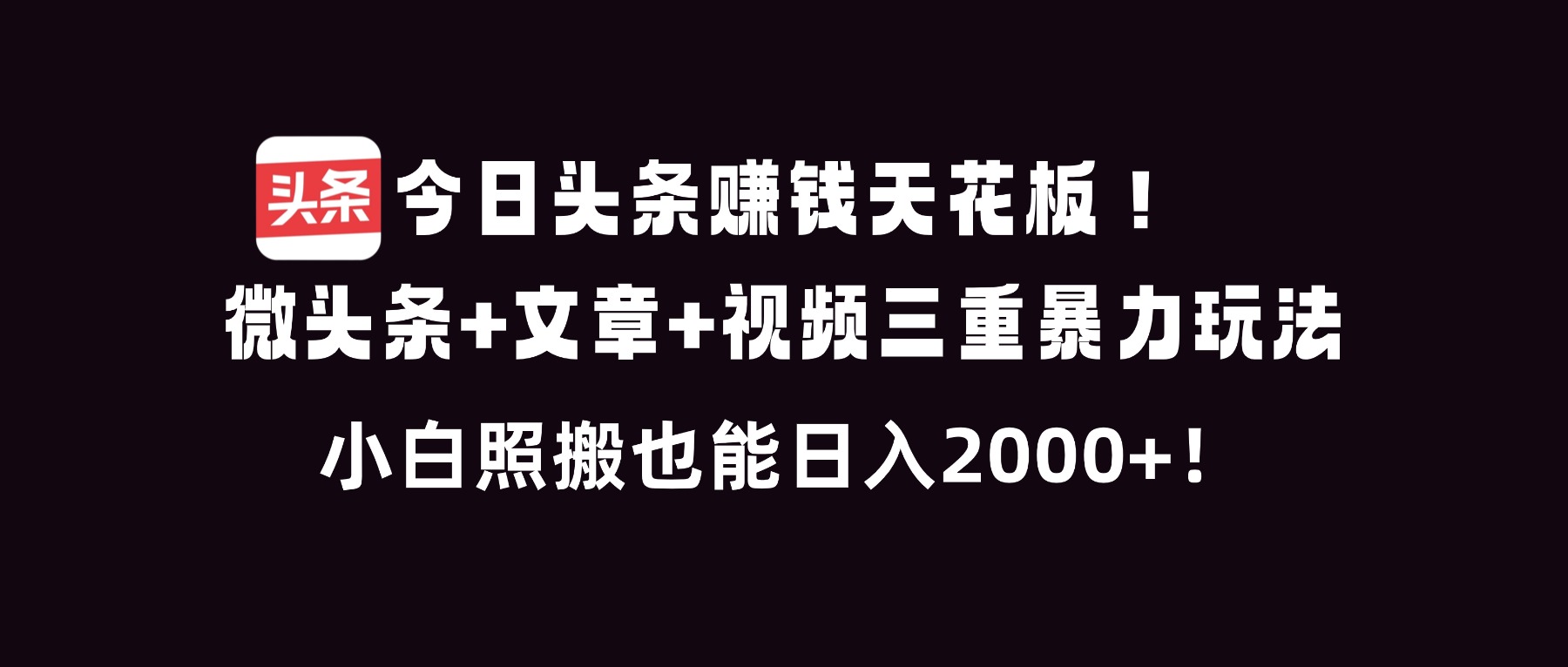 今日头条赚钱天花板！微头条+文章+视频三重暴利玩法，小白照搬也能日人2000+-网创之家