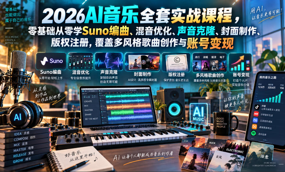 2026AI音乐实战课程，零基础从零学Suno编曲、混音优化、声音克隆、版权注册，覆盖多风格歌曲创作与账号变现-网创之家
