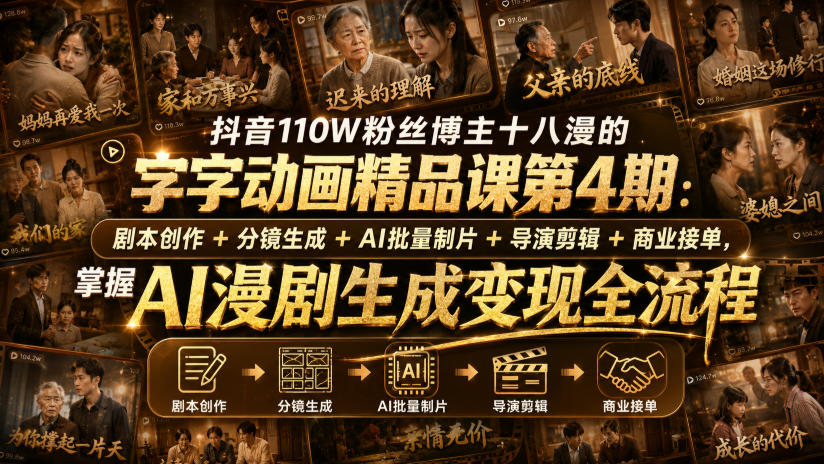 抖音110W粉丝博主十八漫的字字动画精品课第4期：剧本创作+分镜生成+剪辑+商业接单，掌握AI漫剧生成变现全流程-网创之家