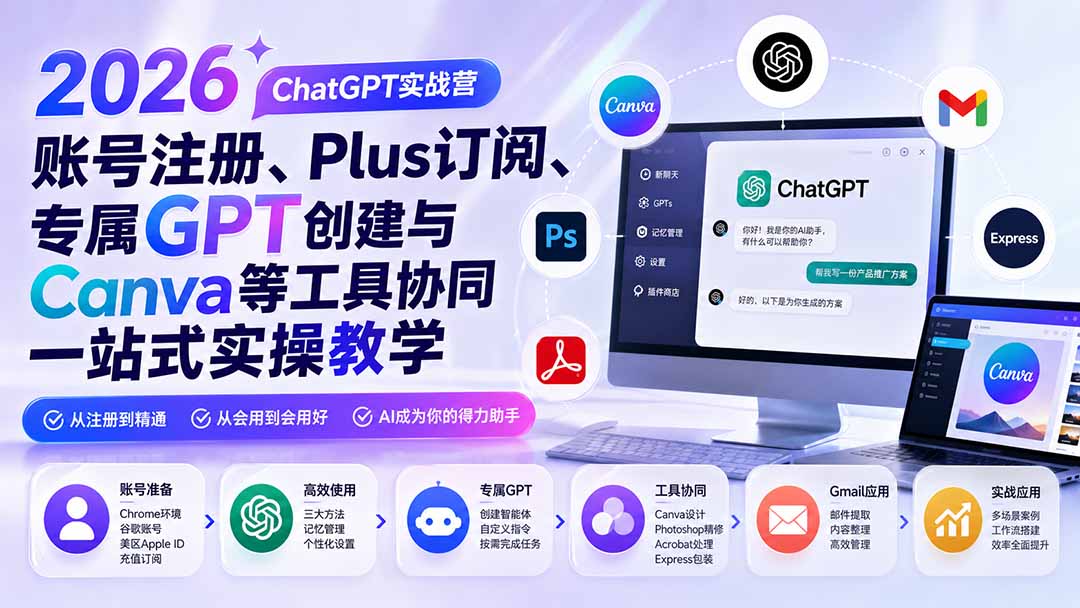 2026 ChatGPT实战营;账号注册、Plus订阅、专属GPT创建与Canva等工具协同一站式实操教学-网创之家
