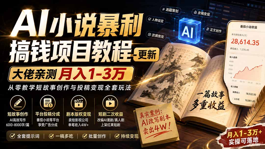 AI小说短故事暴利搞钱项目教程-更新，大佬亲测月入1-3万，从零教学短故事创作与投稿变现全套玩法-网创之家