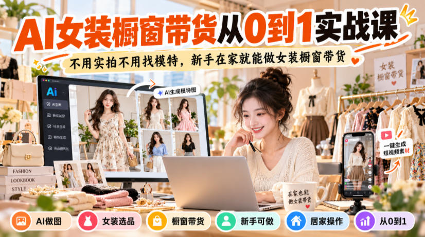 AI女装橱窗带货从0到1实战课，不用实拍不用找模特，新手在家就能做女装橱窗带货-网创之家