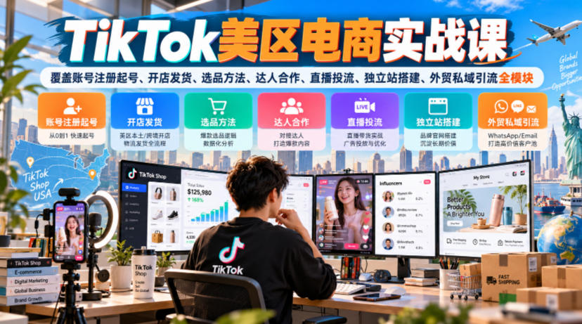 TikTok美区电商实战课，覆盖账号注册起号、开店发货、选品方法、达人合作、直播投流、独立站搭建、外贸私域引流全模块-网创之家