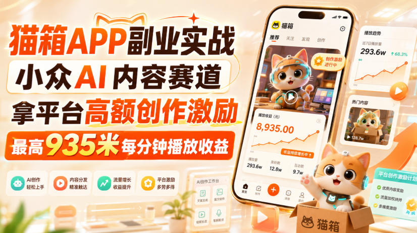 猫箱APP副业实战，小众AI内容赛道，拿平台高额创作激励，最高935米每分钟播放收益-网创之家