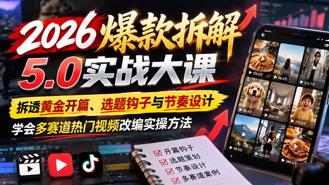 2026爆款拆解5.0实战大课：拆透黄金开篇、选题钩子与节奏设计，学会多赛道热门视频改编实操方法-网创之家