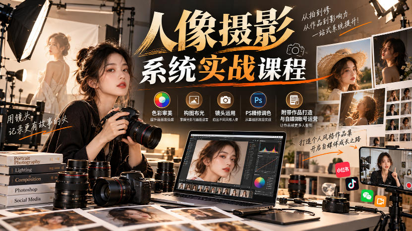 【无水印】人像摄影系统实战课程，色彩审美、构图布光、镜头运用、PS精修调色，附带作品打造与自媒体账号运营-网创之家