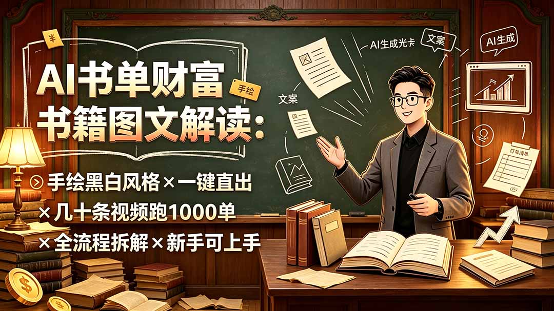 AI书单财富书籍图文解读：手绘黑白风格×一键直出×几十条视频跑1000单×全流程拆解×新手可上手-网创之家