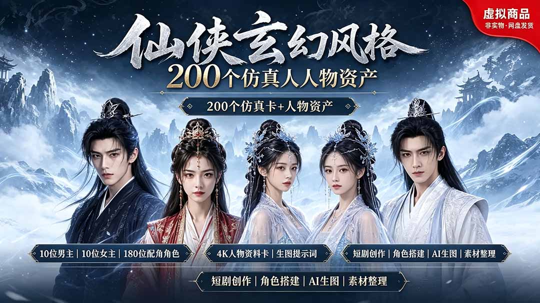 200个仙侠玄幻仿真人素材◆10男主×10女主×180配角，4K资料卡+AI生图提示词，漫剧必备-网创之家