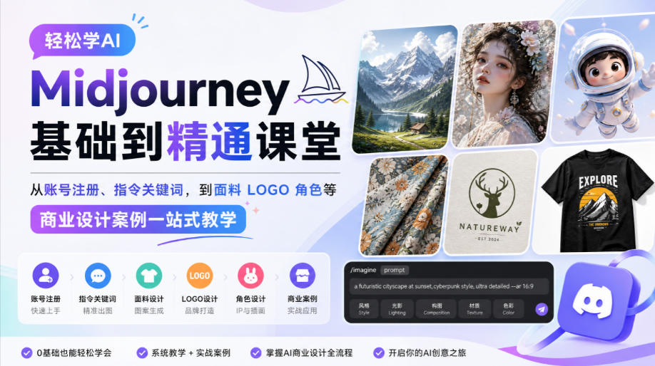 轻松学AI Midjourney基础到精通课堂，从账号注册、指令关键词，到面料LOGO角色等商业设计案例一站式教学-网创之家