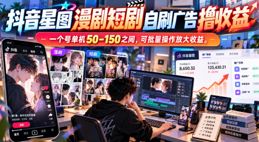 抖音星图漫剧短剧自刷广告撸收益，一个号单机50-150之间，可批量操作放大收益-网创之家