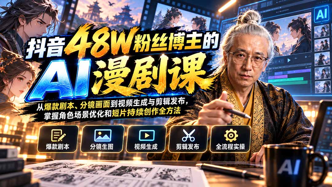 抖音48W粉丝博主的AI漫剧课：从爆款剧本、分镜画面到视频生成与剪辑发布，掌握角色场景优化和短片持续创作全方法-网创之家
