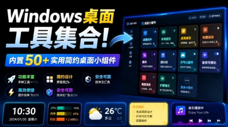 Windows桌面工具集合！内置50+实用简约桌面小组件，含截图、录屏、翻译、天气等，多秘工具箱-网创之家