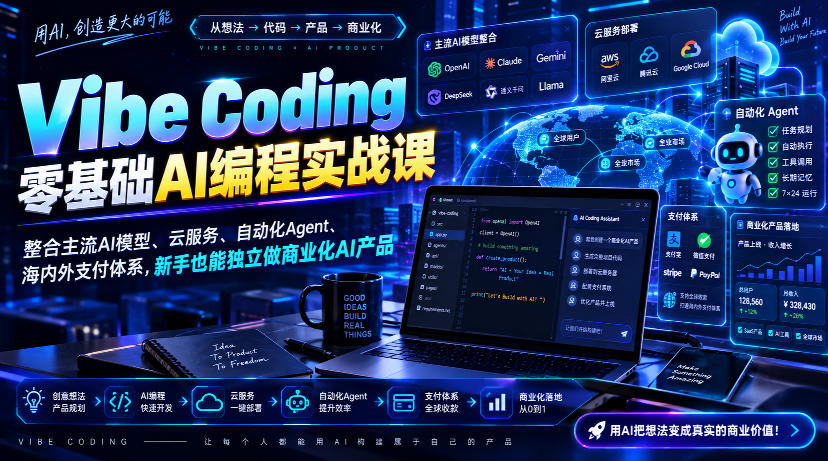 Vibe Coding零基础AI编程实战课-无水印，整合主流AI模型、云服务、自动化Agent、海内外支付体系，新手也能独立做商业化AI产品-网创之家