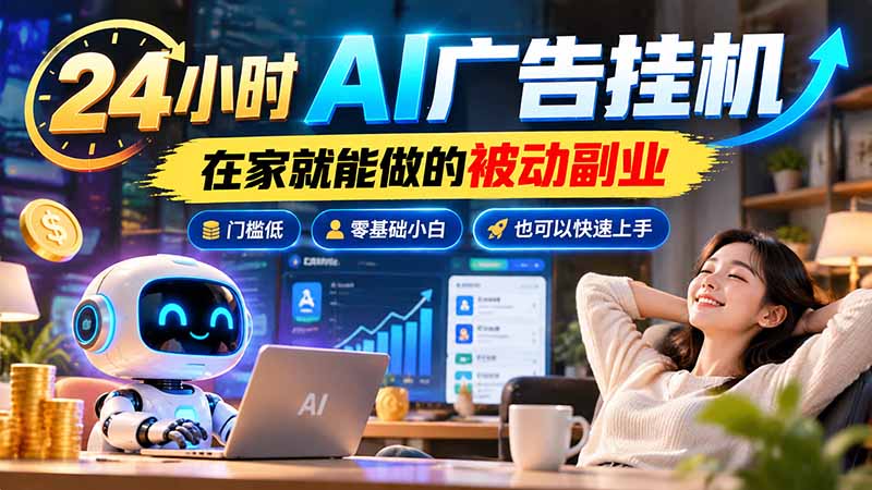 24小时AI广告挂机｜在家就能做的被动副业，门槛低，零基础小白也可以快速上手-网创之家