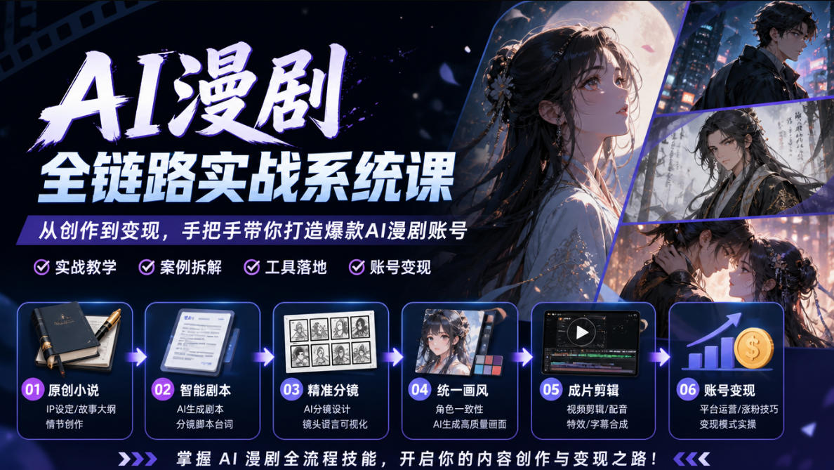 AI漫剧全链路实战系统课｜原创小说、智能剧本、精准分镜、统一画风、成片剪辑、账号变现实操教学-网创之家