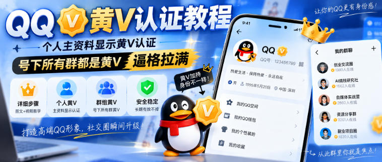 QQ黄V认证教程，个人主资料显示黄V认证，号下所有群都是黄V，逼格拉满-网创之家