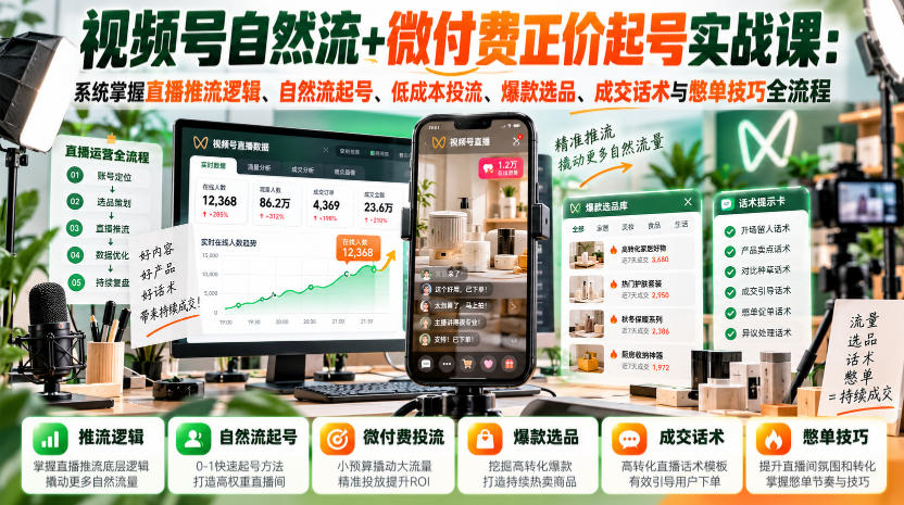 视频号自然流+微付费正价起号实战课:系统掌握直播推流逻辑、自然流起号、低成本投流、爆款选品、成交话术与憋单技巧全流程-网创之家