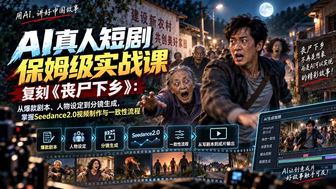 AI真人短剧保姆级实战课，复刻《丧尸下乡》：从爆款剧本、人物设定到分镜生成，掌握Seedance2.0视频制作与一致性流程-网创之家