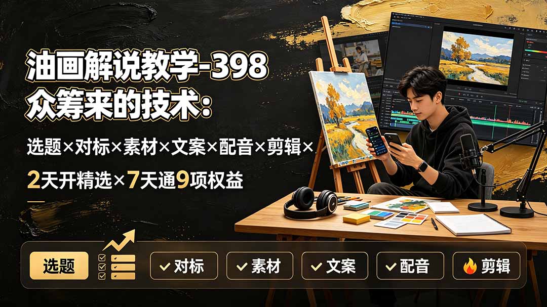 油画解说教学-398众筹来的技术：选题×对标×素材×文案×配音×剪辑×2天开精选×7天通9项权益-网创之家