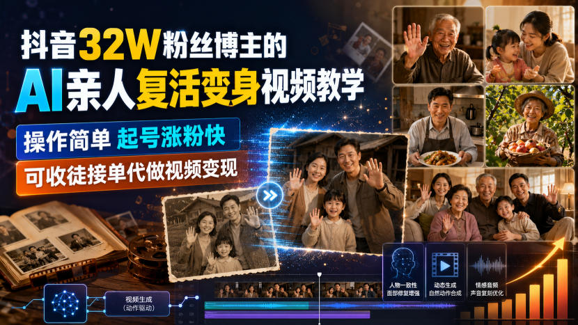 抖音32W粉丝博主的AI亲人复活变身视频教学，操作简单，起号涨粉快，可收徒接单代做视频变现-网创之家